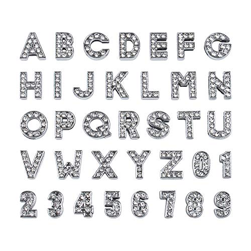 AUEAR, 36 Pack Silver 8mm Full Rhinestone Slide Charms Alloy Letter Crystal A-Z Alphabet with 0-9 Numbers for Bracelets Wristbands DIY Jewelry Making - color: Silver, size: 36 Pack