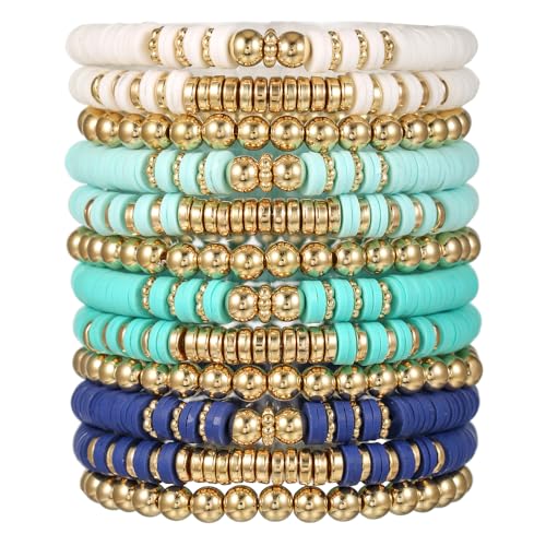 12pcs Friendship Bracelets Beaded Bracelets Heishi Bracelet Cute Bracelets Stack Vinyl Clay Disc Bead Surfer Stretch Summer Beach Bracelets For Women Preppy Bracelets - color: B-color 5