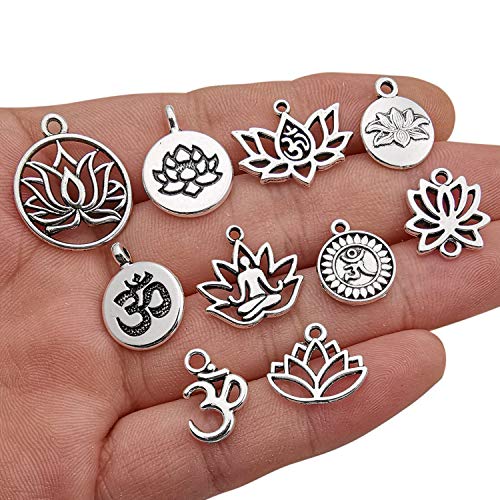 100g(80pcs) Craft Supplies Antique Silver Yoga OM Lotus Flower Charms for Jewelry Making Crafting Findings Accessory for DIY Necklace Bracelet (M294) - color: M294