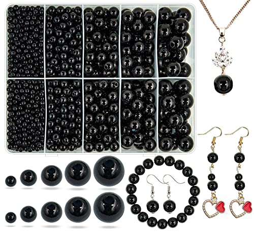 Black Pearl Beads for Jewelry Making, 1750pcs Black Pearl Craft Bead with Hole 4mm 6mm 8mm 10mm 12mm Loose Spacer Bead for Necklace Bracelet Earrings Ring Choker Wedding Dress Decor - color: Black