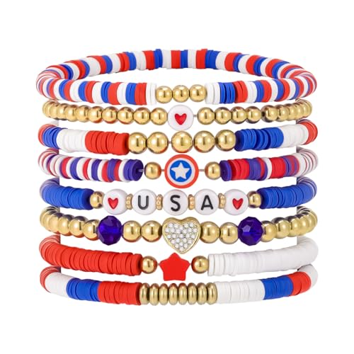 Emibele Colorful Stretch Bracelet Stack Boho Beaded Bracelet Set Heishi Surfer Bracelet Stackable Y2K Trendy Jewelry Friendship Multiple Set Women Fans - style: Red & Blue & White 8PCS