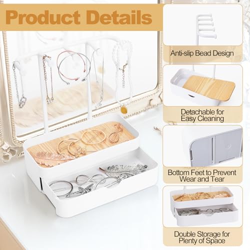WCHOSOZH Jewelry Organizer Stand, 2-Tier Necklaces Holder with Wooden Tray and 5 Storage Hooks, Earring Holder with 5 Pcs Jewelry Bags for Bracelet,Chains,Rings,Earrings,Keys Watches (White) - color: Upgraded White