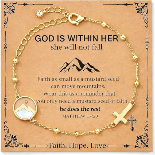 Cross Bracelet Gifts for Women Her - 14K Gold Plated Move Mountains Mustard Seed Cross Bracelet Faith Belief Bracelets Jewelry Gifts for Mom Girlfriend Bestie‌ Wife Mothers Day Birthday 8th Grade Graduate Graduation Anniversary‌ - style: Move Mountains Mu