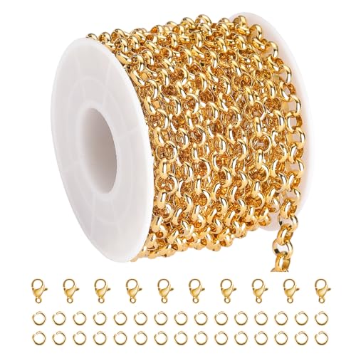 KYUNHOO 13 Feet/4M Gold Plated Chain for Jewelry Making 6mm Round Circle Chain Link on Spool Stainless Steel Chain Roll for Handcraft Making Supply Jewelry Findings - color: Gold Circle