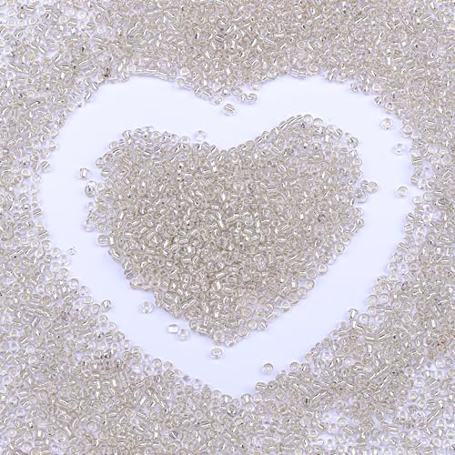 8/0 Glass Seed Beads Bulk, Clear Silver White 3mm Tiny Round Craft Seed Bead, Small Mini Pony Beads for Jewelry Making Bracelet Necklace Wrist Beading Weaving Supplies, 2500pcs - color: CLear Silver White