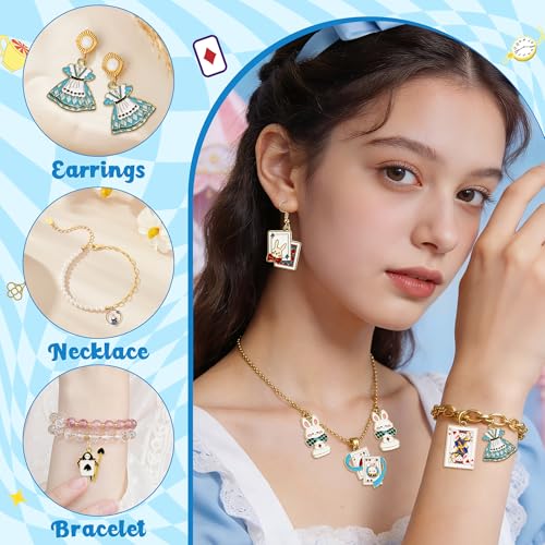 38Pcs Wonderland Gold Charms Pendants - Fairy Tales Tea Rabbit Clock Poker Enamel Charms Cute Earring Necklace Bracelet Keychains Pendant for Jewelry Making DIY Crafts Birthday Tea Party Gifts