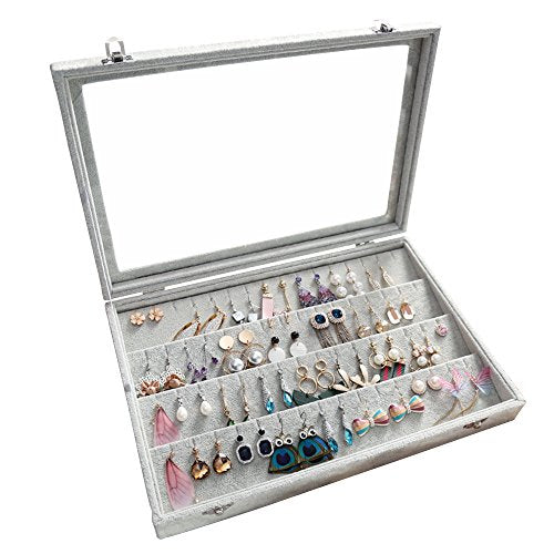 Wudygirl Velvet Jewelry Organizer Clear Lid Earring Holder Organizer 32 Pairs Earrings Storage Stud Tray Showcase Display Case（Earring Storage） - style: Earring Tray