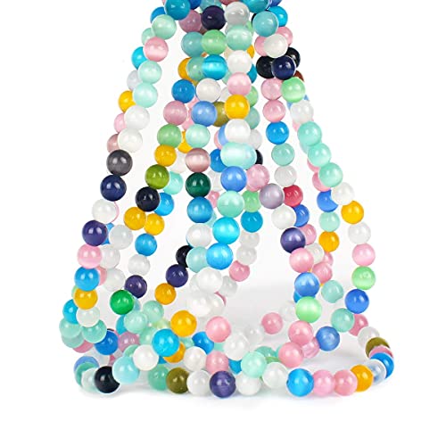 70PCS Natural 8MM Healing Gemstone, Synthetic Cat’s Eye Energy Stone Round Loose Beads, Semi-Precious Crystal Beads with Free Elastic String for Jewelry Making DIY - color: Cat’s Eye