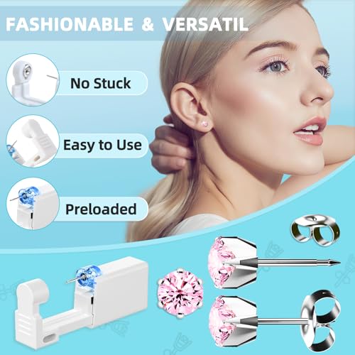 Nunpag 12 Pcs Ear Piercing Kit Disposable Ear Piercing Gun Kit with 4 Pcs 6 Prong Setting Cubic Zirconia Earrings Stud 316L Stainless Steel Easy to Use at Home Self Ear Piercer Gun Kit Tool, Silver - color: Silver-Pink