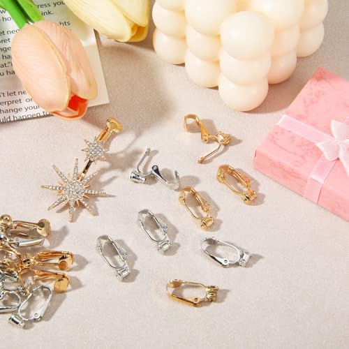20 Pcs Clip On Earring Converter, Earring Converters Pierced to Clip, Non-Pierced Ear Clips, Stud Clip-On Findings, Components Findings with Post for None Pierced Ears, Gold & Silver