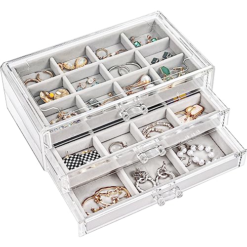 ProCase Earring Holder Organizer Jewelry Box with 3 Drawers, Acrylic Clear Earring Case with Adjustable Velvet Trays for Women - Grey, 3 Layers - color: Grey, size: 3 Layers, Standard, Regular