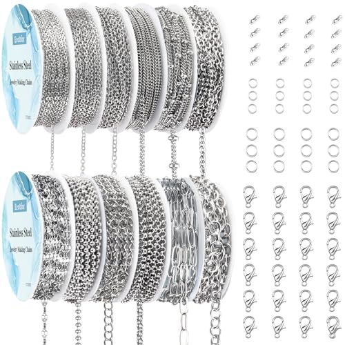 Necklace Chain for Jewelry Making, 95.1 Feet 12 Rolls Stainless Steel Jewelry Chains for DIY Necklace Bracelet Making with Stainless Steel Jump Rings/Lobster Clasps/Connectors - color: Silver, size: 12 Rolls