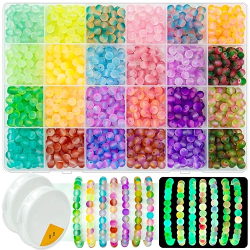 JHYlilia Glow in The Dark Glass Beads for Jewelry Making, 1600Pcs 6MM 24 Grids Crystal Gemstone Beads Round Spacer DIY Craft Bead for Bracelet Necklace Earrings Phone Lanyard Wedding Decor - color: 6MM Glowing 24 Grids