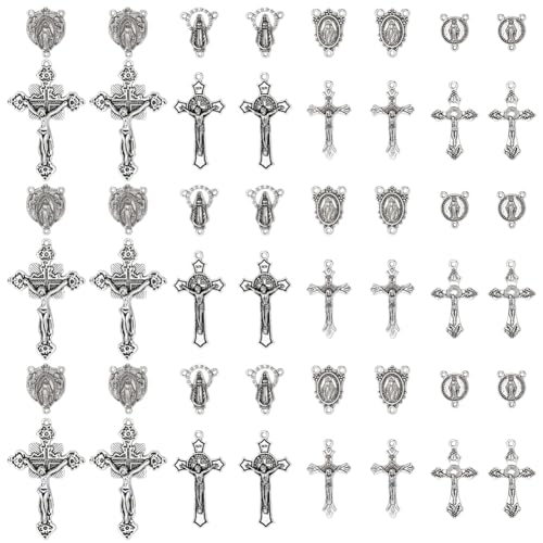 SUNNYCLUE 1 Box 48Pcs Rosary Charm Cross Charms Antique Silver Oval Chandelier Component Links Easter Tibetan Style Alloy Crosses Crucifix Pendants for Jewelry Making Necklace Bracelet Women DIY Craft - style: Rosary Charm 2