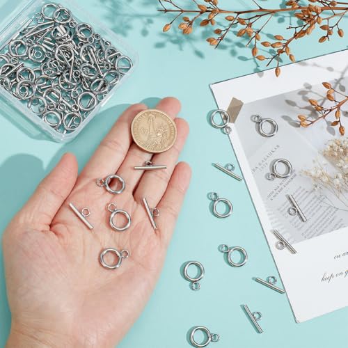 50Pcs Toggle Clasps Stainless Steel T Bar Ring Connector Closure Hook Fastener Necklace Bracelet Round Closures Jewelry Clasp for Bracelet Necklace Jewelry Making 16x12x2mm - size: 16x12x2mm