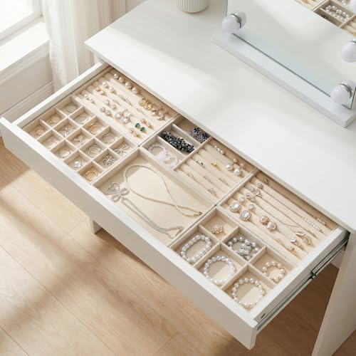 10 Pack Beige Jewelry Organizer Tray, Jewelry Drawer Organizer Inserts with Removable Dividers Stackable Velvet Ring Earring Storage for Rings Earrings Necklace Bracelet Watch Storage