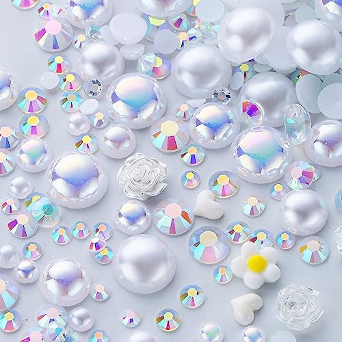 160g White Flat Back Pearls Rhinestones for Crafts Mixed Size 3mm-10mm AB Color Round Half Pearls Flatback Pearl Beads and Resin Rhinestones Set for Face Art - color: White Series, size: 160g
