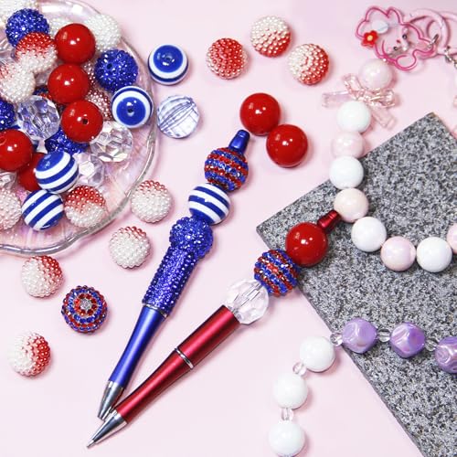 Exway 48 Pcs 20mm Beads for Pens, Rhinestone Bubblegum Beads, Red Blue Crystal Acrylic, Round Chunky, Sparkly Large Balls, DIY Jewelry Making Supplies - color: Blue