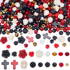 SUNNYCLUE 412Pcs Gothic Skull Beads Black And Red Beads Cross Skeleton Charms Natural Lava Rock Synthetic Turquoise Black Stone Halloween Rose Flower Spacers for Jewelry Making DIY Crafts Gift Holiday