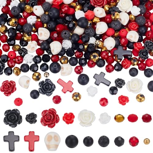 SUNNYCLUE 412Pcs Gothic Skull Beads Black And Red Beads Cross Skeleton Charms Natural Lava Rock Synthetic Turquoise Black Stone Halloween Rose Flower Spacers for Jewelry Making DIY Crafts Gift Holiday