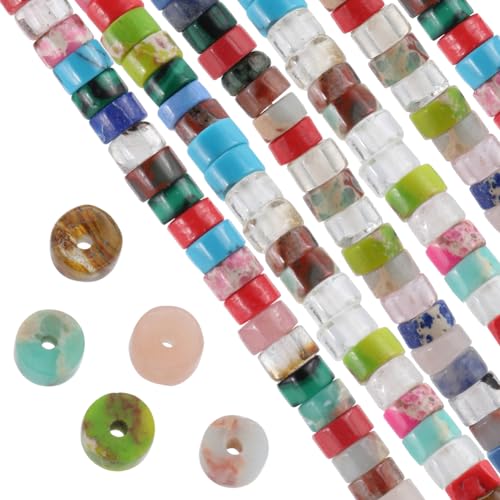 SUNNYCLUE 1 Box 334Pcs Flat Gemstone Beads Heishi Stone 4mm Gemstone String Semi Flat Round Disc Stones Energy Healing Gem Spacer Loose Beads for Jewelry Making Findings DIY Gifts