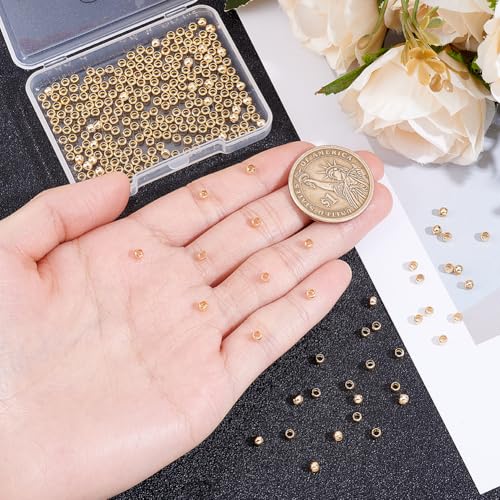Beebeecraft 1 Box 300Pcs Round Crimp Beads 14K Gold Filled Brass Spacer Stopper Bead Clamp Ends Rondelle Crimper Beads for Jewelry Making - size: 3mm