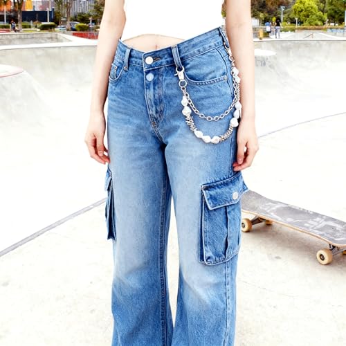 Layered Punk Pants Chain for Men Women, Gothic Hip Hop Jean Chain Wallet Chain Biker Trouser Chain, Goth Emo Fashion Keychain Accessories - color: 2L-10 Pearls