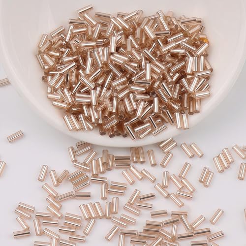 2000Pcs Tube Seed Beads 2x7mm Mini Long Glass Bugle Bead Small Craft Loose Spacer Beads for DIY Phone Charms Waist Bead Bracelets Earrings Necklaces (Champagne) - color: Champagne