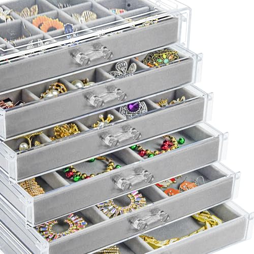 Watpot Acrylic Jewelry Box with 6 Drawers, Clear Earring Storage Organizer Display Case for Women Girls, Gray - color: Gray 6 Layers