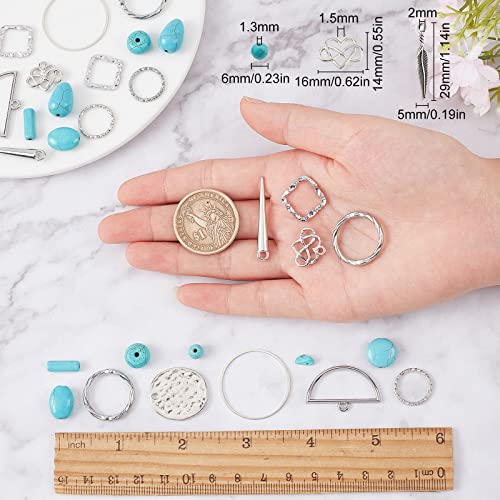 SUNNYCLUE 1 Box DIY 10 Pairs Turquoise Beads Earring Making Kit 8 Shapes Turquoise Beads Charms Hammered Feather Heart Pendants & Earring Hooks for Jewelry Craft Supplies Adults Women - color: 1 Box Diy 10 Pairs