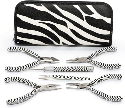 The Beadsmith Zebra Print Tool Kit – 6 Pieces: Chain, Round, and Bent Chain Nose w/Side Cutter, Tweezers, & Reamer with Zippered Pouch, 5-Inch Each - size: tool kit - 5" (6-piece)