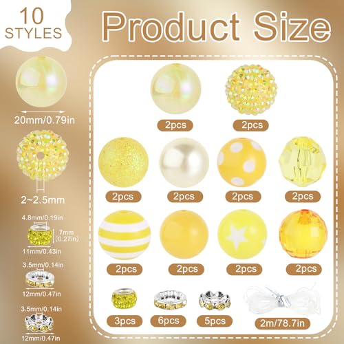 35 Pcs Chunky Bubblegum Beads 20mm Focal Pen Large Rhinestone Pearl Bead with Rhinestone Large Hole European Spacer Bead for DIY Beadable Pen Jewelry Making Keychain Craft Making(Yellow) - color: Yellow