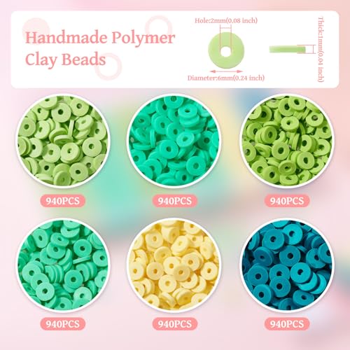 Elecrelive 5640Pcs Green Blue Clay Beads for Bracelets Making, 6mm Flat Round Heishi Beads Polymer Clay Chips for Chocker Necklace Earring DIY Crafts - color: Green Blue