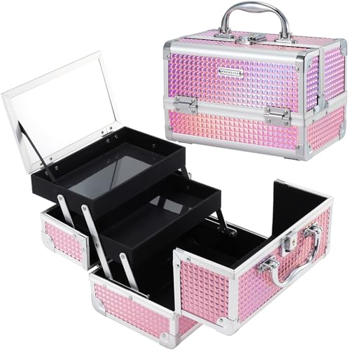FRENESSA Makeup Train Case Makeup Box Organizer Portable Cosmetic Travel Case Makeup Case with Mirror Locking Make Up Cases Organizers and Storage for Nail Supplies Hard Cosmetic Box Shiny Pink - color: Pink