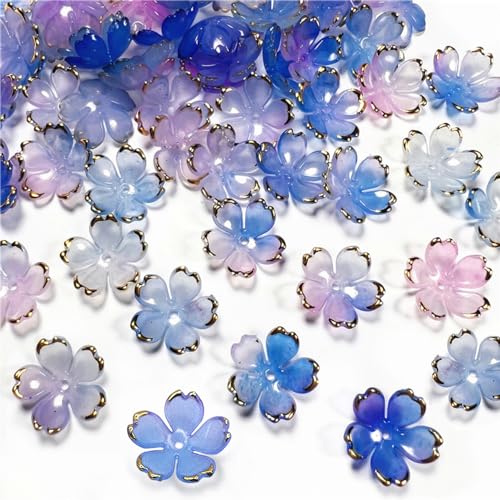 50Pcs Cherry Blossom Acrylic Flower Beads, Mini Floral Spacer Beads for Jewelry Making 5-Petal Gradient Flower Bead Gold-Plated Flowers Bead Charms for Bracelets (Blue-Violet Gradient) - color: Blue-Violet Gradient