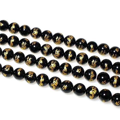MJDCB Natural Stone Beads 10mm 35pcs Round Black Onyx Carved Dragon Loose Gemstone Bead Charms for Jewelry Making Bracelet Necklace Earring Pendant - color: Black Onyx Carved Dragon, size: 10mm