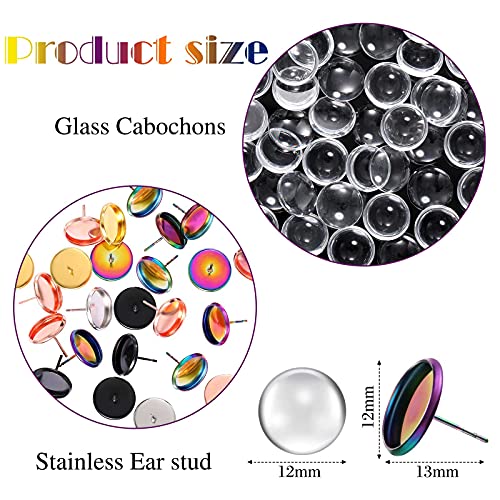 200 Pieces Stud Earring Kit, Including 50 Pieces 12 mm Stainless Steel Blank Stud 50 Rubber Back, 50 Pieces 12 mm Clear Glass Cabochons 50 Stainless Steel Earring Back for DIY Making (Mixed Color) - color: Mixed Color