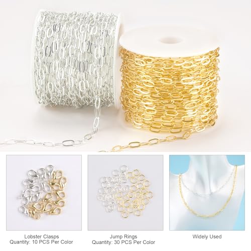 Kyutong 32.8 Feet Gold and Silver Jewelry Making Chains 2 Rolls Paperclip Chain Necklace with Clasps for Women DIY Jewelry Crafts - color: 3.2x6.3 Paperclip Chain