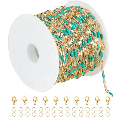 UMAOKANG 16.4 Feet Gold Plated Stainless Steel Jewelry Chain Roll Blue Enamel Bead Necklace Chain Handmade Craft Chains Bulk - color: Gold-Blue