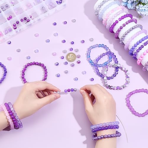 PH PandaHall 720pcs 8mm Purple Glass Beads 24 Color Round Bracelet Beads Loose Crystal Bead Craft Bead Bulk for Summer Friendship Bracelet Necklace Earring Jewelry Making DIY Craft Party Ornament - color: Purple