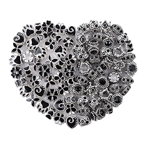 60 Pieces Assorted European Beads with Plating Silver Metal Alloy Rhinestone Large Hole Spacer Beads for DIY Charm Bracelet Jewelry Making (Black) - color: Black