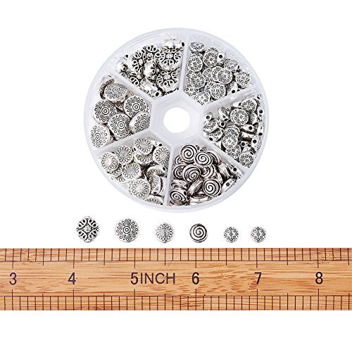 KISSITTY 175pcs/box 5 Styles Tibetan Antique Silver Flat Round Spacer Loose Beads 7mm 8mm 9mm 10mm 11mm Metal Rondelle Disc