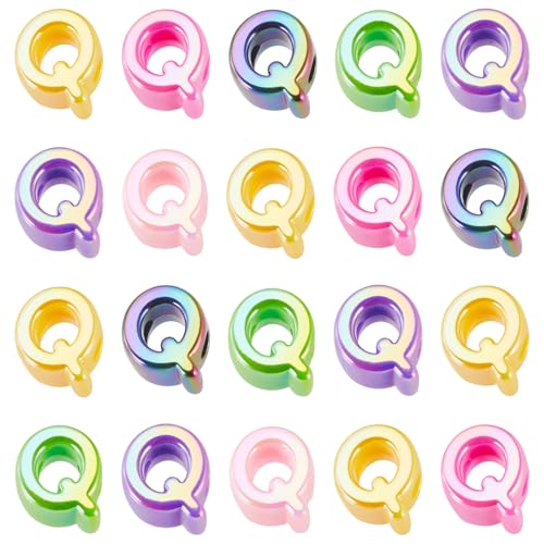 Beadthoven 20pcs Big Letter Q Beads Large Hole Bubble Alphabet Acrylic Beads Charm Iridescent Plastic Q Shape Loose Chunky Spacers for Jewelry Making Bracelet Necklace Keychains Shoelaces Crafts - color: Q