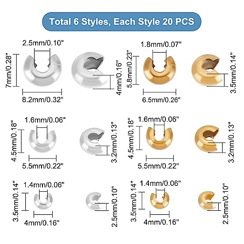 UNICRAFTALE 120pcs 2 Colors 6 Styles 304 Stainless Steel Metal Half Rondelle Spacer Caps Crimping Beads for Jewelry Making Crafts - size: 3.5-6.5 mmDia