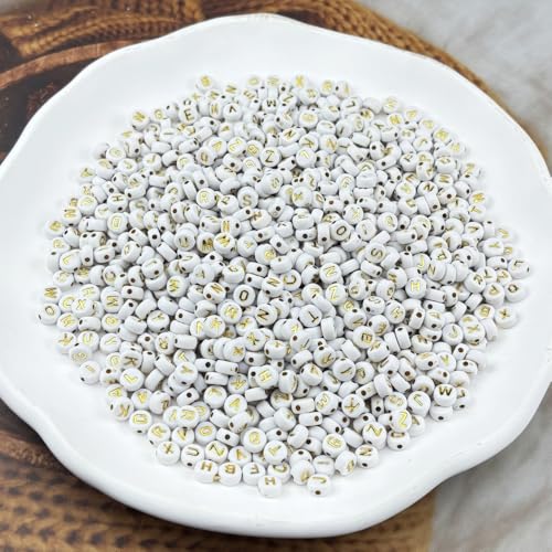 1000pcs Round Letter Beads 4x7mm Acrylic Alphabet Beads Spacer Beads for Jewelry Making Bracelets Necklace Earring Key Chains DIY Craft(S-Gold Letter White Bead) - color: S-Gold Letter White Bead
