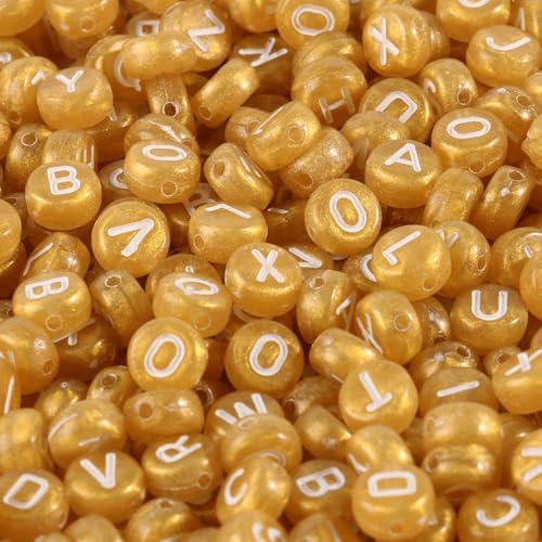 Yochus 1000pcs Orange Round Letter Beads 4x7mm Acrylic Alphabet White Letters A-Z Bead for Jewelry Making and DIY Bracelets, Necklaces, Key Chains - color: Gold/White, size: 4x7mm