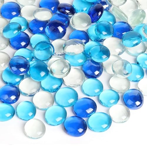FUTUREPLUSX 1 pounds, Flat Glass Marbles, Blue Mixed Gemstone Vase Fillers Beads Decorative Glass Pebbles Floral Fish Tank Rocks for Vases Table Scatter Aquarium Decor - color: Mixed Blue