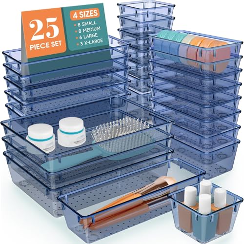 StorMiracle 25 PCS Drawer Organizer Set, 5 Varied Size Bathroom and kitchen Drawer cabinet organizer Trays, Clear Storage Bins for Makeup, Jewelry, Utensils and Gadgets, Dark Blue - color: Dark Blue, size: 25 PCS