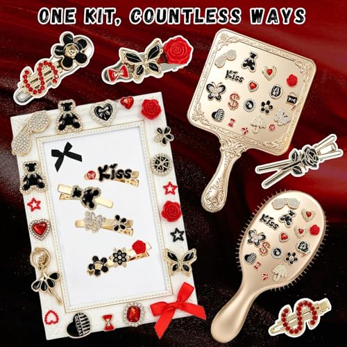 RidaaFri Junk Phone Case Charms Kit, 3D Flatback Rhinestone Gems with Red Black Bow Flower Butterfly Heart Rose, Large Charms Set for DIY Case Craft, Phone Making Supplies Women - color: Black/Red