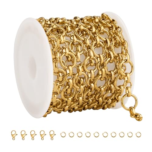 SMYHTGLIF 6.5 Feet Unwelded Round Circle Bulk Rolo Chain for Jewelry Making Gold Plated Stainless Steel Jewelry Making Chain Supplies with Lobster Clasps and Open Jump Rings - color: Circle Gold